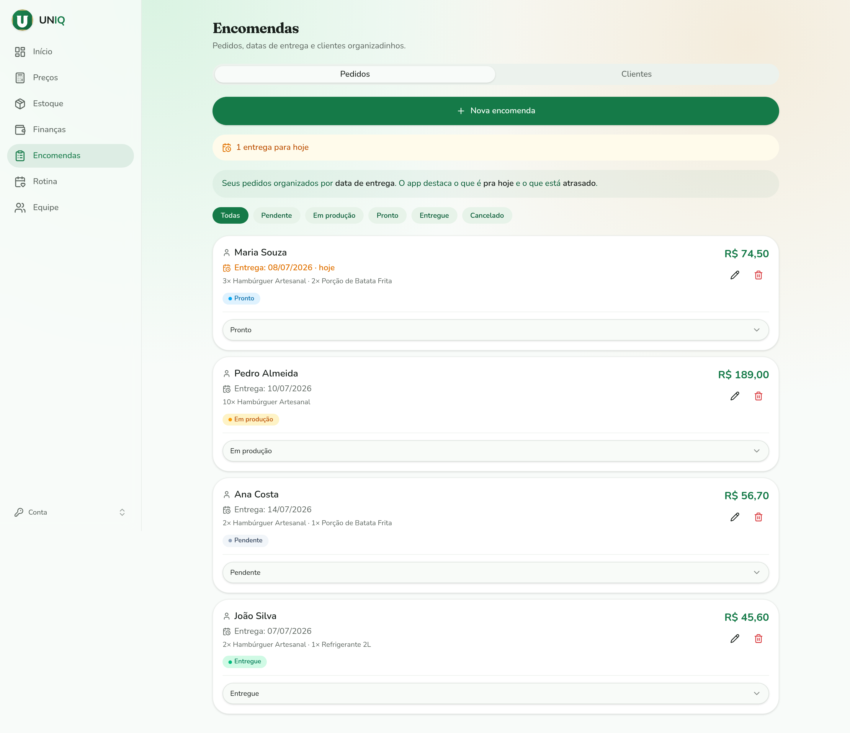 Tela de encomendas no computador