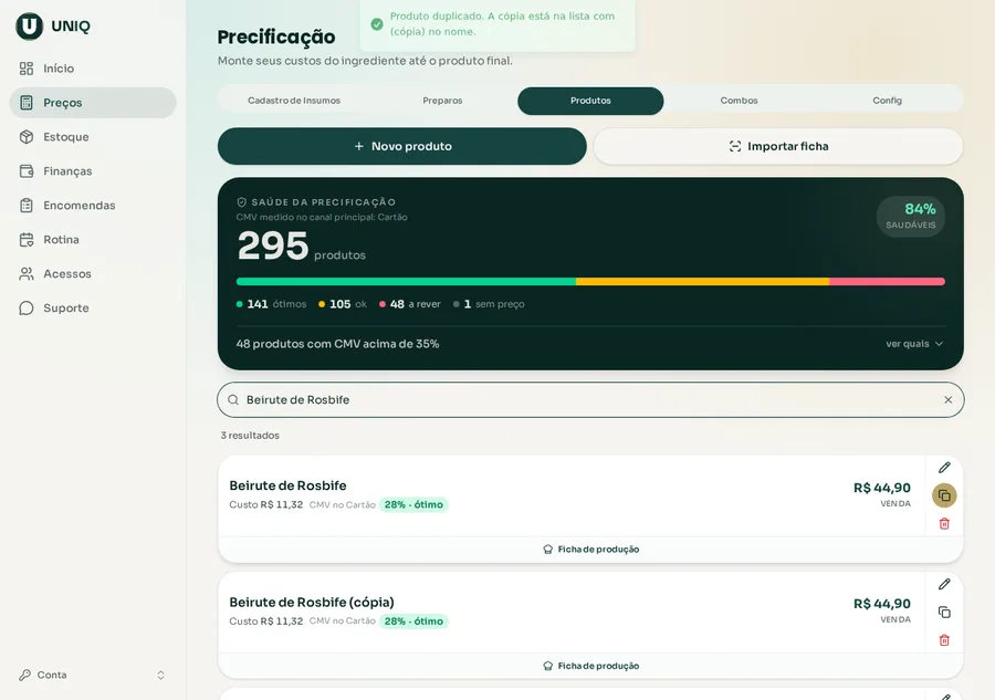 Produto duplicado na lista com (cópia) no nome, no computador