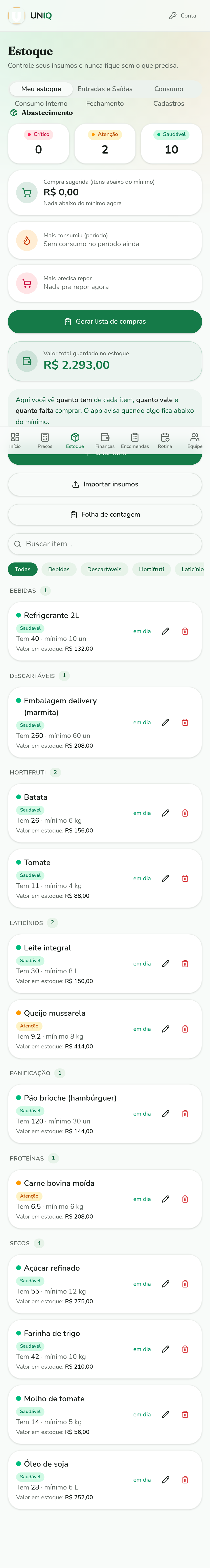 Tela de estoque no celular