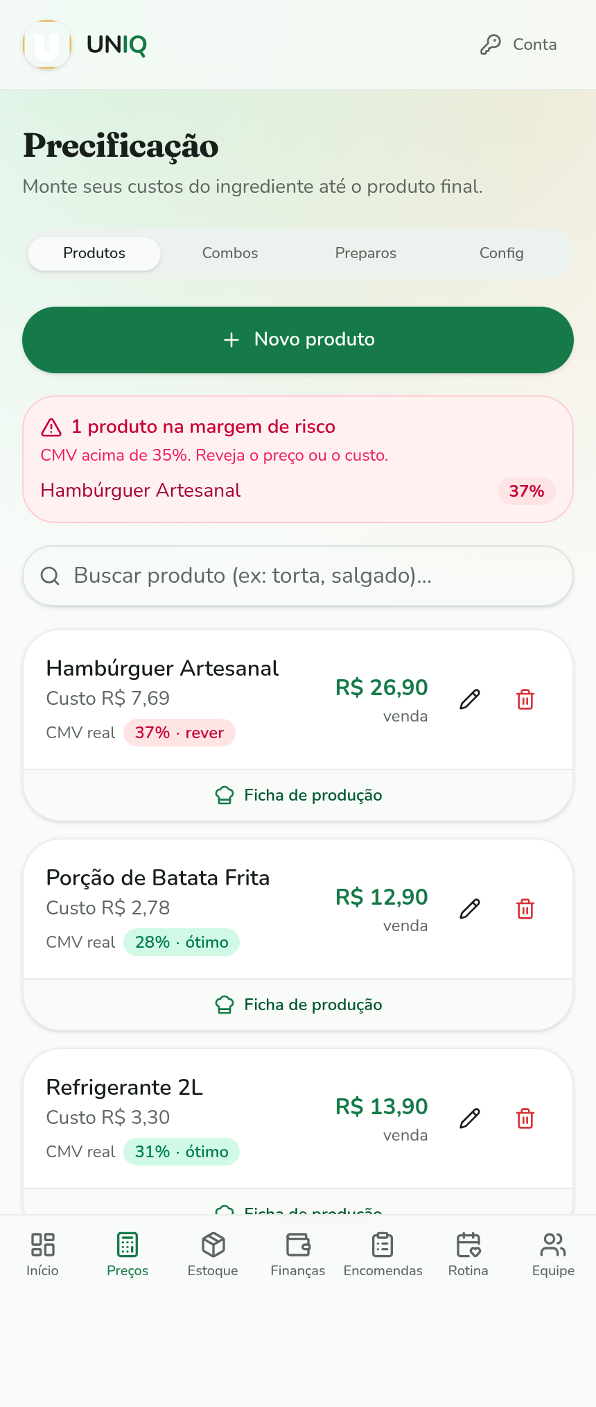 Tela de preços no celular