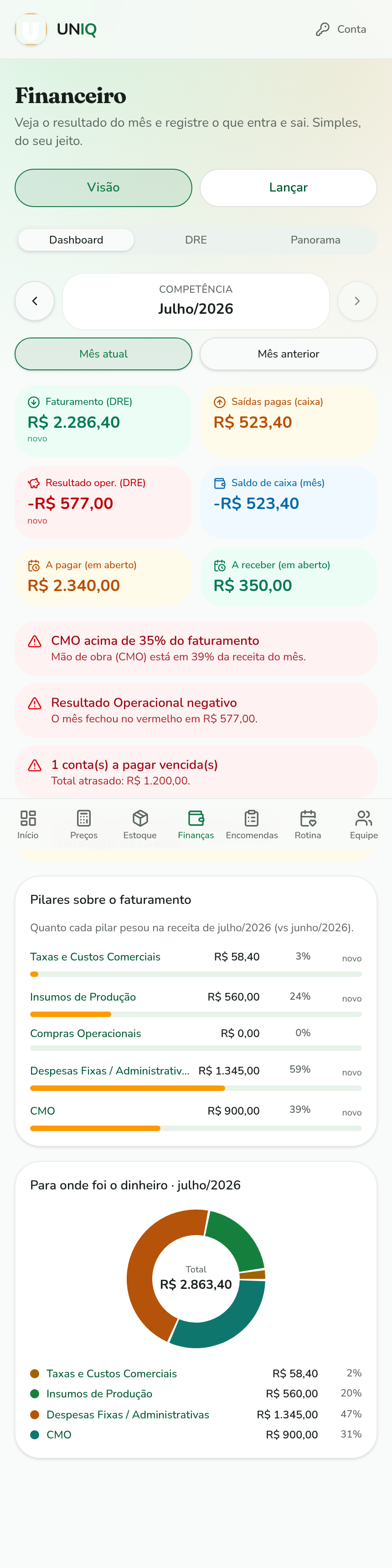 Tela de finanças no celular