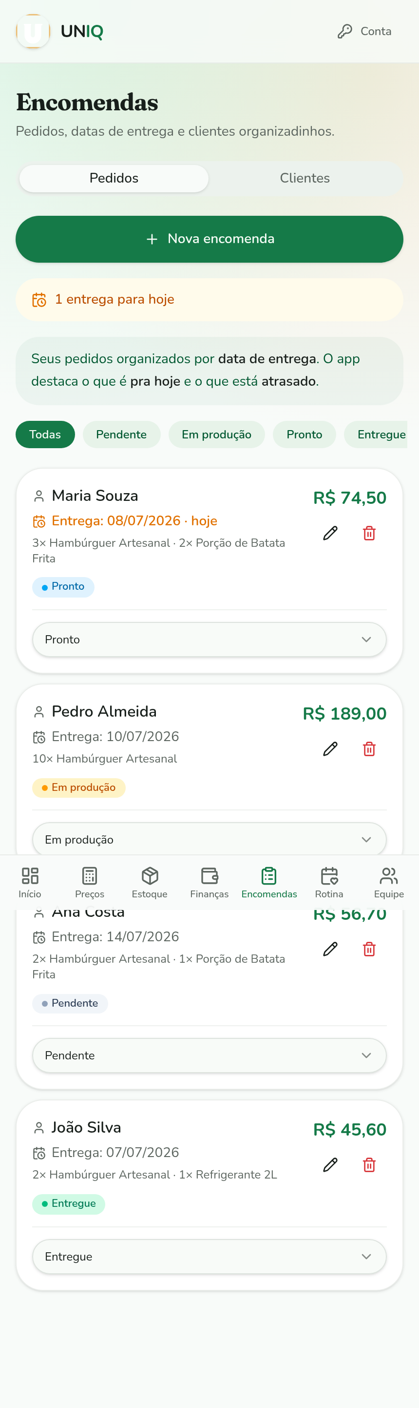 Tela de encomendas no celular