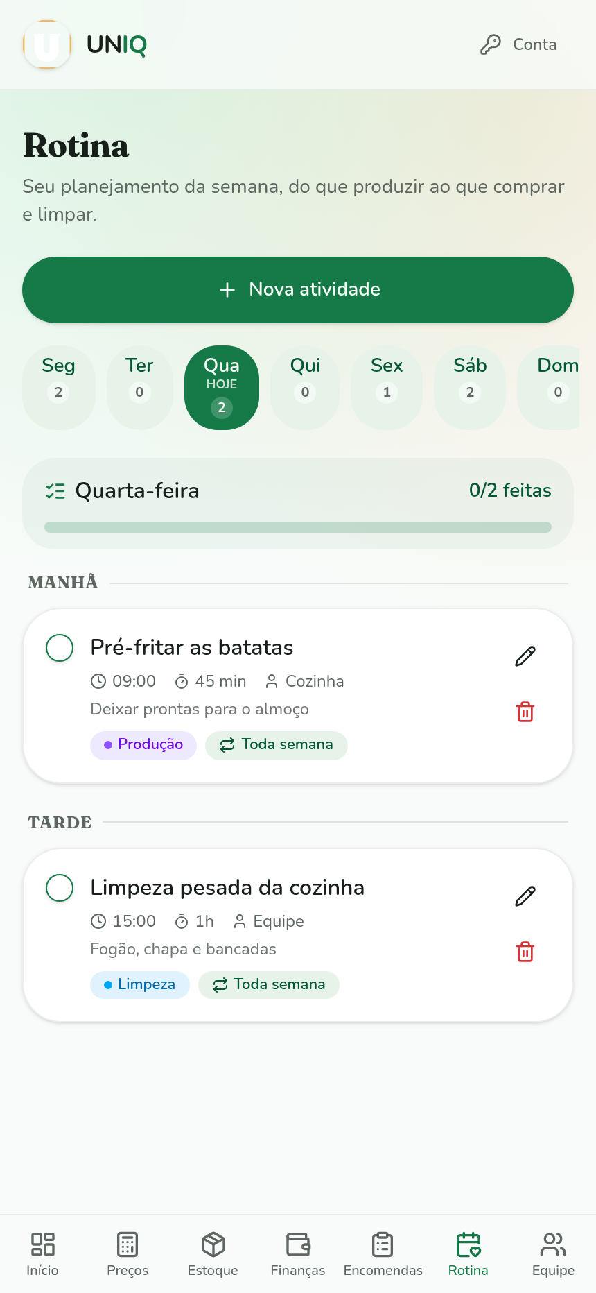 Tela de rotina no celular