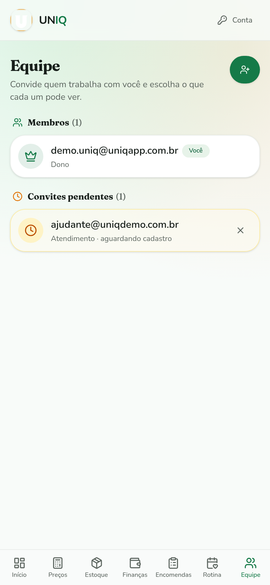 Tela de equipe no celular
