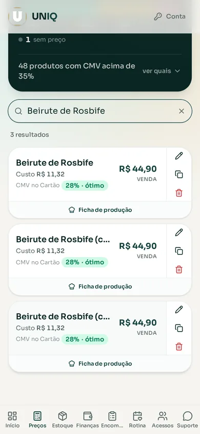 Cartões de produto com o botão de duplicar entre o lápis e a lixeira, no celular
